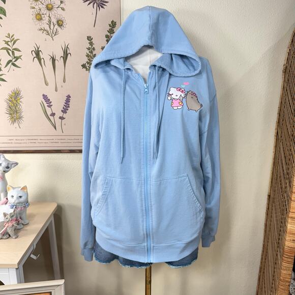 Sanrio Hello Kitty x Pusheen Cat Blue Full Zip Hoodie Jacket Cutecore Kawaii L - Picture 1 of 7